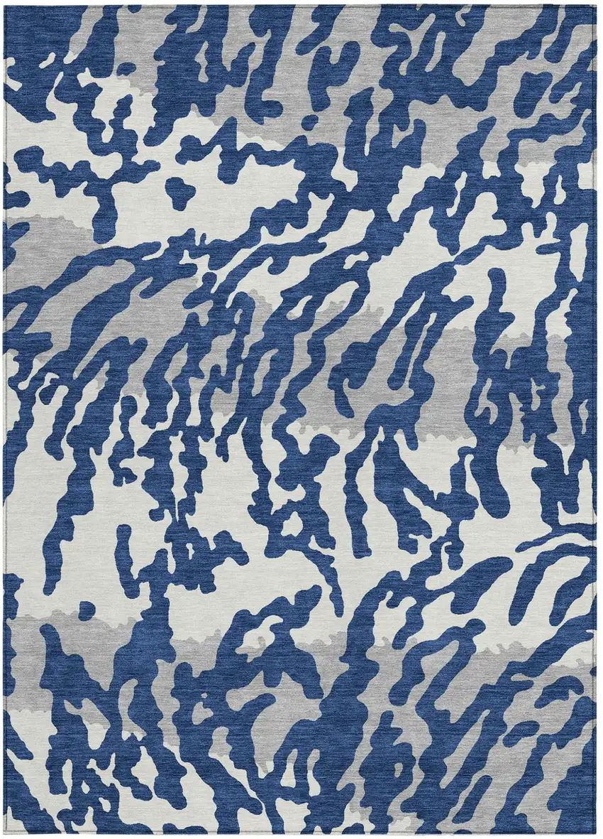 Navy Blue Gray And Ivory Animal Print Washable Indoor Outdoor Area Rug Photo 6