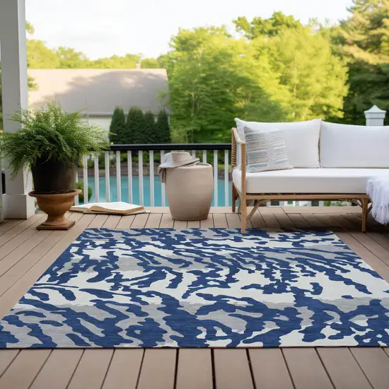 Navy Blue Gray And Ivory Animal Print Washable Indoor Outdoor Area Rug Photo 9