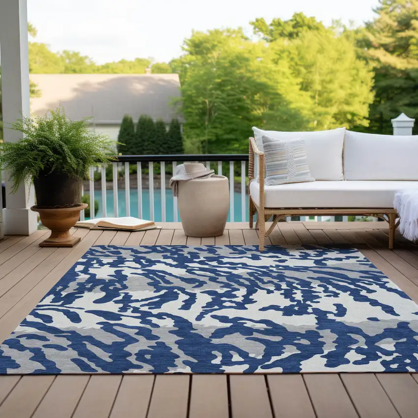 Navy Blue Gray And Ivory Animal Print Washable Indoor Outdoor Area Rug Photo 9