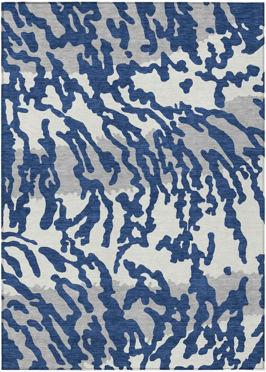 Navy Blue Gray And Ivory Animal Print Washable Indoor Outdoor Area Rug Photo 2
