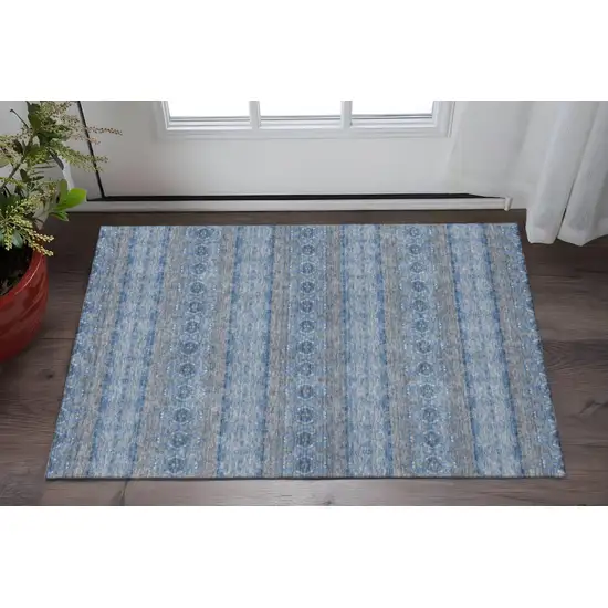 Navy Blue Gray And Ivory Floral Medallion Washable Area Rug With UV Protection Photo 2