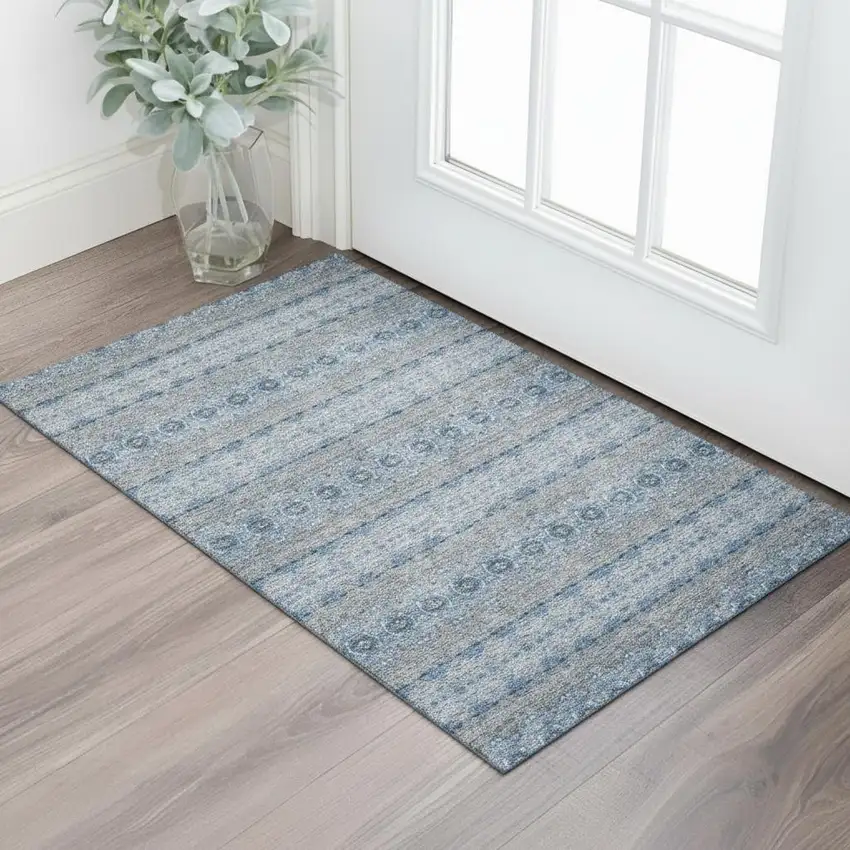 Navy Blue Gray And Ivory Floral Medallion Washable Area Rug With UV Protection Photo 1