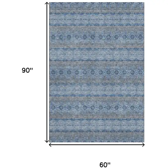 Navy Blue Gray And Ivory Floral Medallion Washable Area Rug With UV Protection Photo 3