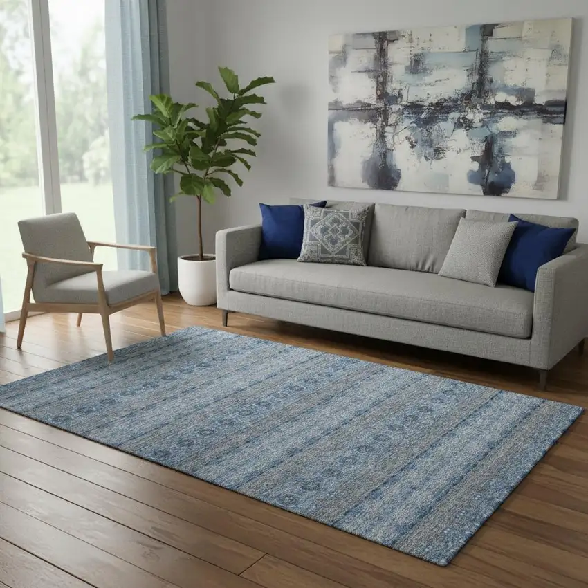 Navy Blue Gray And Ivory Floral Medallion Washable Area Rug With UV Protection Photo 1