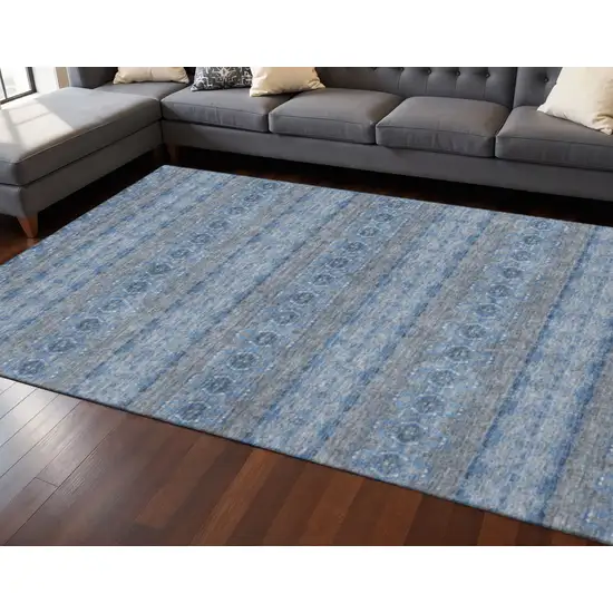 Navy Blue Gray And Ivory Floral Medallion Washable Area Rug With UV Protection Photo 2