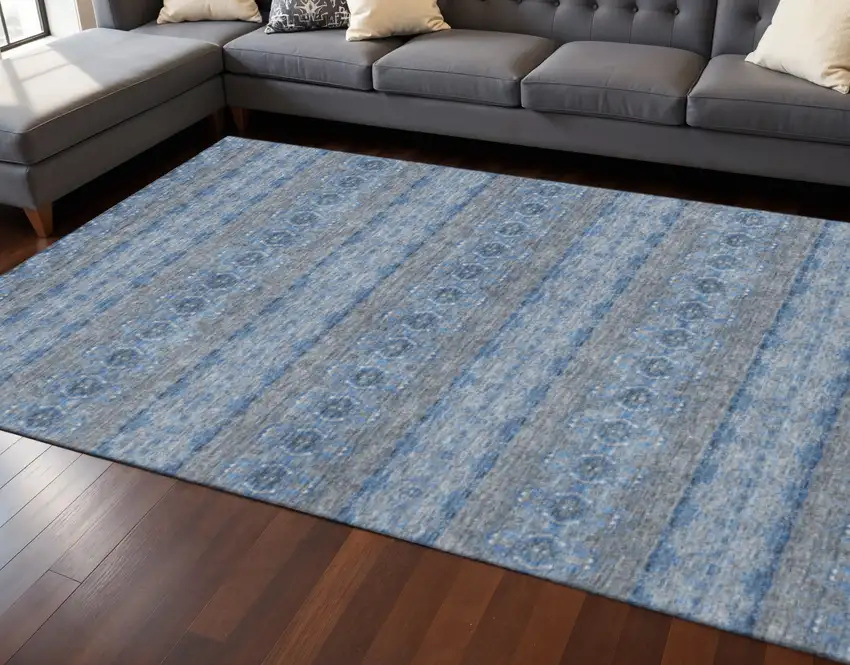 Navy Blue Gray And Ivory Floral Medallion Washable Area Rug With UV Protection Photo 2