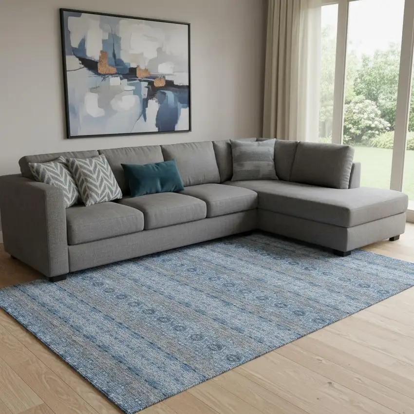 Navy Blue Gray And Ivory Floral Medallion Washable Area Rug With UV Protection Photo 1