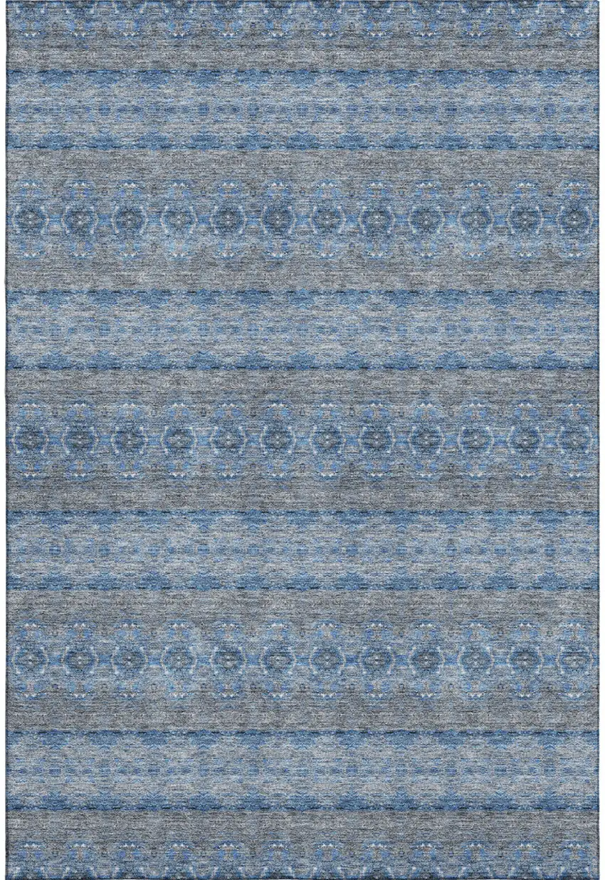 Navy Blue Gray And Ivory Floral Medallion Washable Area Rug With UV Protection Photo 1