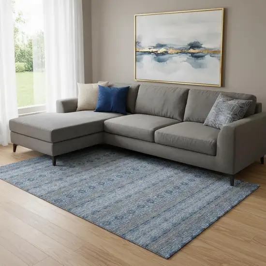 Navy Blue Gray And Ivory Floral Medallion Washable Area Rug With UV Protection Photo 1