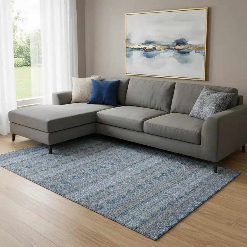 Navy Blue Gray And Ivory Floral Medallion Washable Area Rug With UV Protection Photo 1