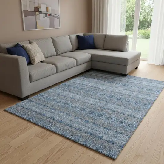 Navy Blue Gray And Ivory Floral Medallion Washable Area Rug With UV Protection Photo 1