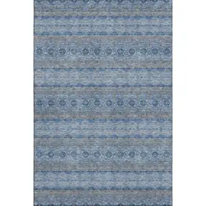 Photo of Navy Blue Gray And Ivory Floral Medallion Washable Area Rug With UV Protection