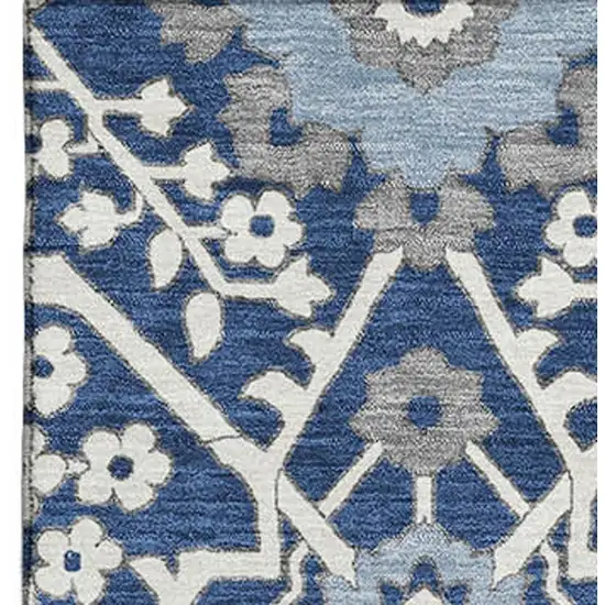 Navy Blue Gray And Ivory Floral Washable Area Rug With UV Protection Photo 5