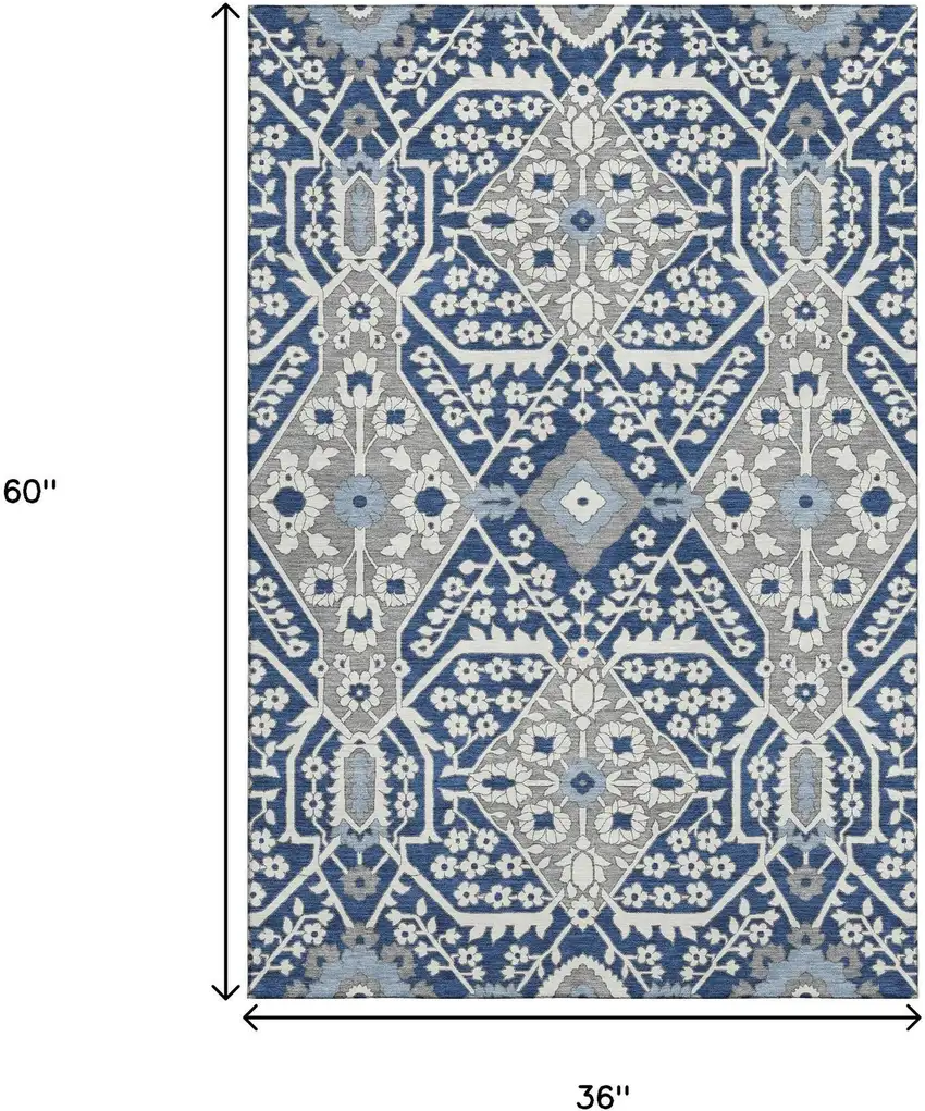 Navy Blue Gray And Ivory Floral Washable Area Rug With UV Protection Photo 3