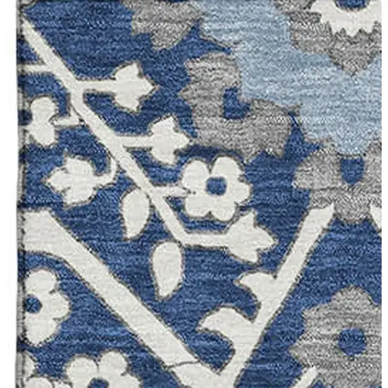 Navy Blue Gray And Ivory Floral Washable Area Rug With UV Protection Photo 4