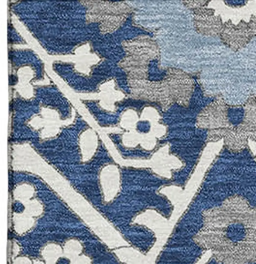 Navy Blue Gray And Ivory Floral Washable Area Rug With UV Protection Photo 4