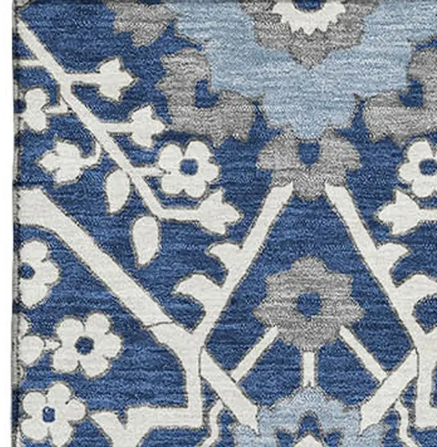 Navy Blue Gray And Ivory Floral Washable Area Rug With UV Protection Photo 4