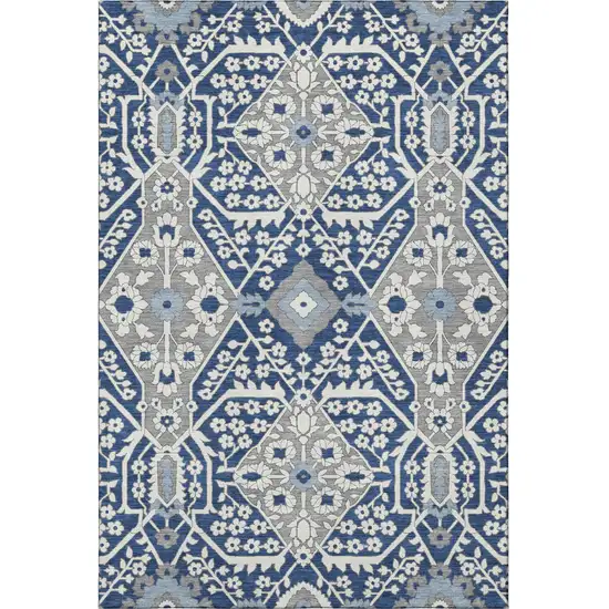 Navy Blue Gray And Ivory Floral Washable Area Rug With UV Protection Photo 5