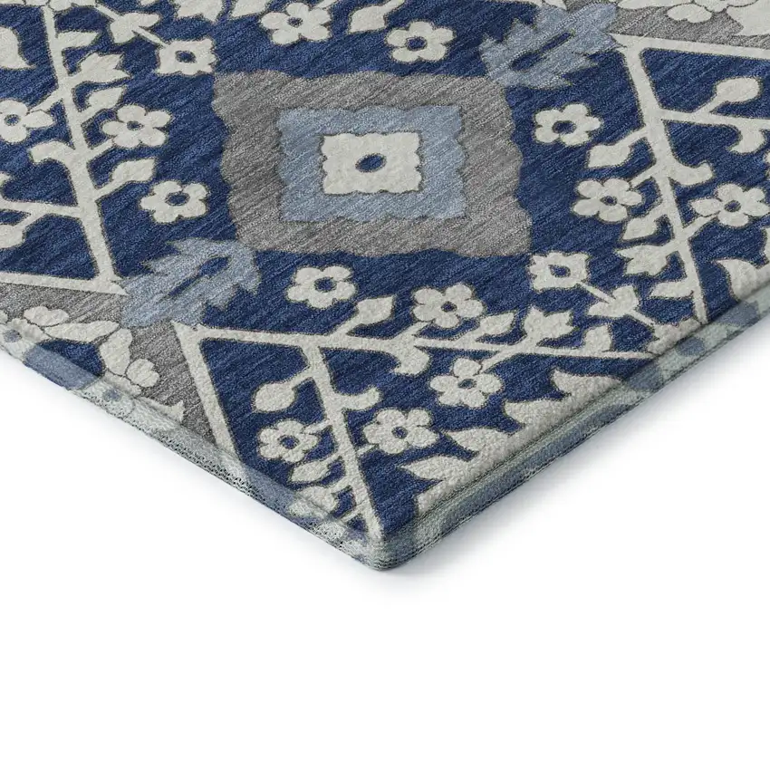 Navy Blue Gray And Ivory Floral Washable Area Rug With UV Protection Photo 9