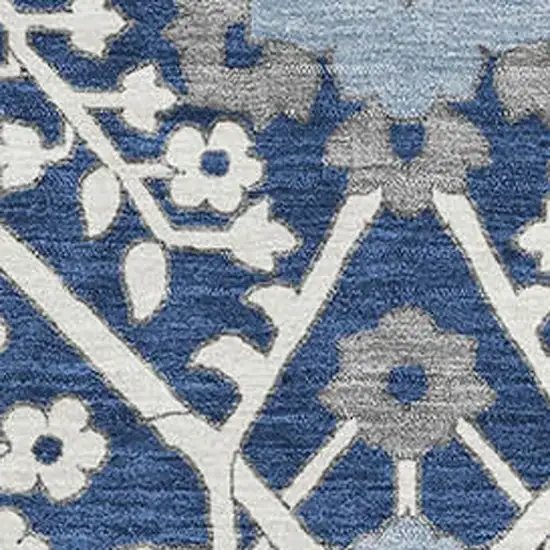 Navy Blue Gray And Ivory Floral Washable Area Rug With UV Protection Photo 4