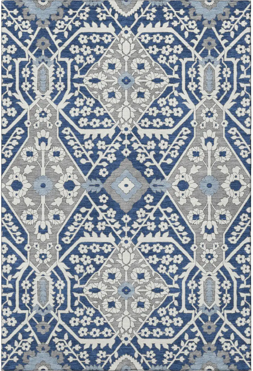 Navy Blue Gray And Ivory Floral Washable Area Rug With UV Protection Photo 5