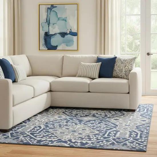 Navy Blue Gray And Ivory Floral Washable Area Rug With UV Protection Photo 1