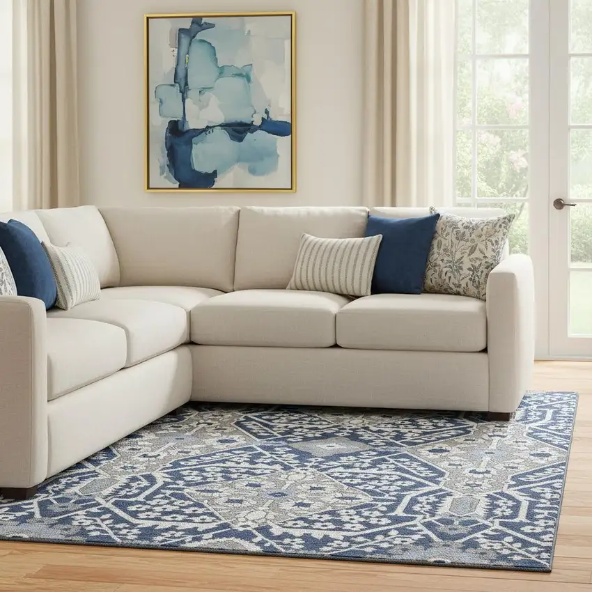 Navy Blue Gray And Ivory Floral Washable Area Rug With UV Protection Photo 1