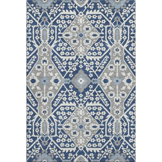 Navy Blue Gray And Ivory Floral Washable Area Rug With UV Protection Photo 2