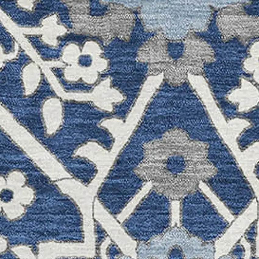 Navy Blue Gray And Ivory Floral Washable Area Rug With UV Protection Photo 4