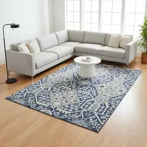 Photo of Navy Blue Gray And Ivory Floral Washable Area Rug With UV Protection