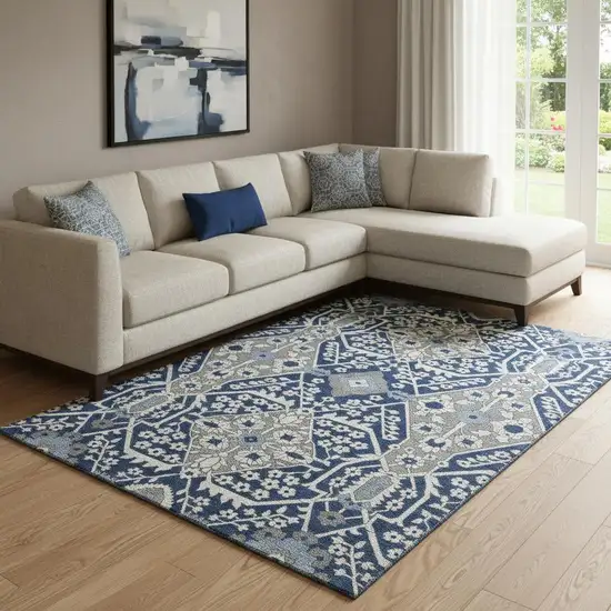 Navy Blue Gray And Ivory Floral Washable Area Rug With UV Protection Photo 1