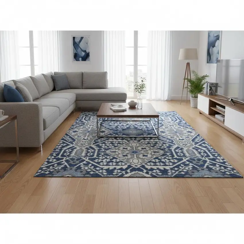 Navy Blue Gray And Ivory Floral Washable Area Rug With UV Protection Photo 1