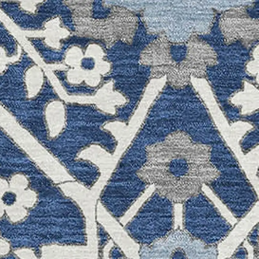 Navy Blue Gray And Ivory Floral Washable Area Rug With UV Protection Photo 4