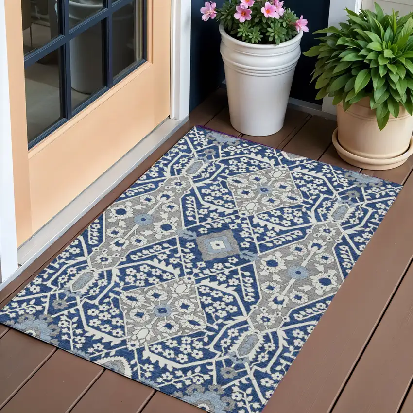 Navy Blue Gray And Ivory Floral Washable Indoor Outdoor Area Rug Photo 1