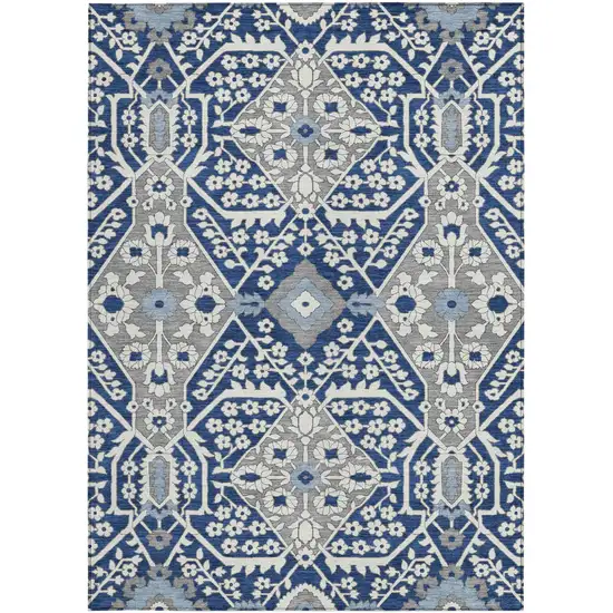 Navy Blue Gray And Ivory Floral Washable Indoor Outdoor Area Rug Photo 8