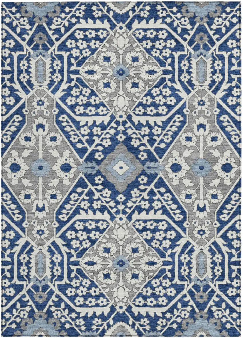 Navy Blue Gray And Ivory Floral Washable Indoor Outdoor Area Rug Photo 8