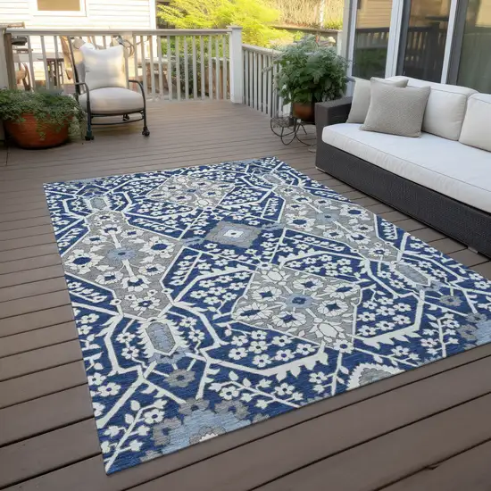 Navy Blue Gray And Ivory Floral Washable Indoor Outdoor Area Rug Photo 9