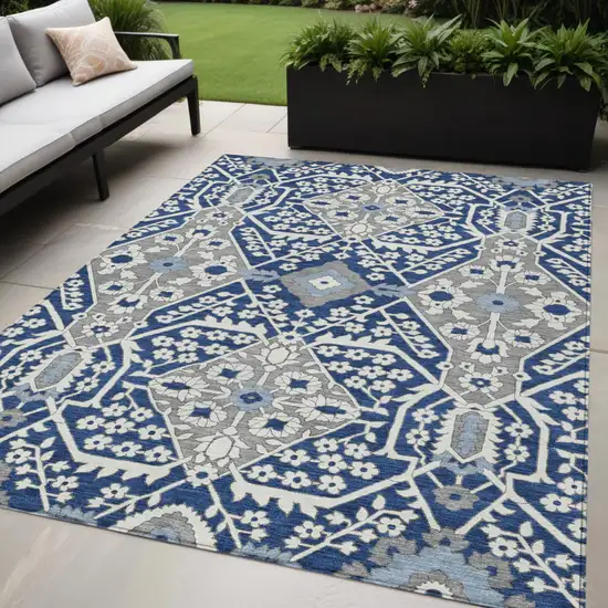 Navy Blue Gray And Ivory Floral Washable Indoor Outdoor Area Rug Photo 1