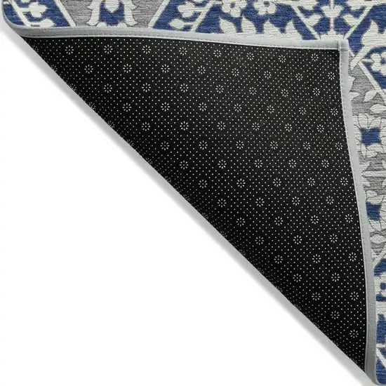 Navy Blue Gray And Ivory Floral Washable Indoor Outdoor Area Rug Photo 4