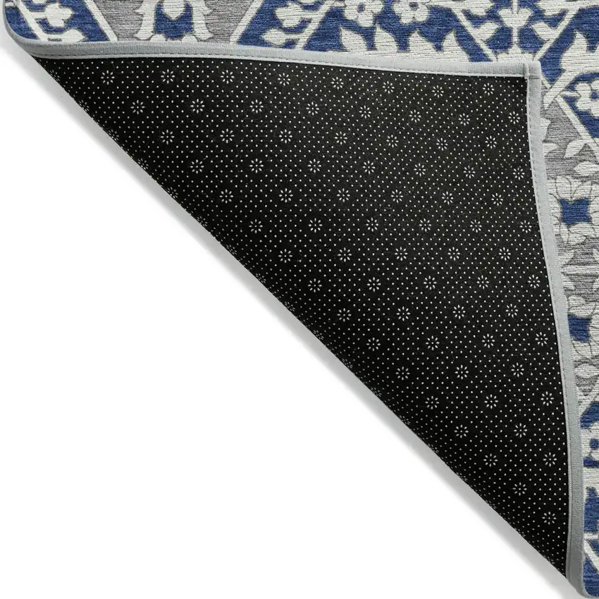 Navy Blue Gray And Ivory Floral Washable Indoor Outdoor Area Rug Photo 4
