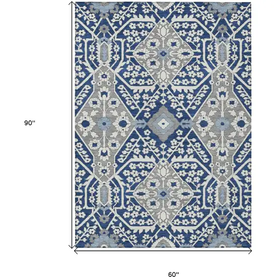 Navy Blue Gray And Ivory Floral Washable Indoor Outdoor Area Rug Photo 3