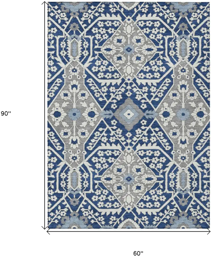 Navy Blue Gray And Ivory Floral Washable Indoor Outdoor Area Rug Photo 3