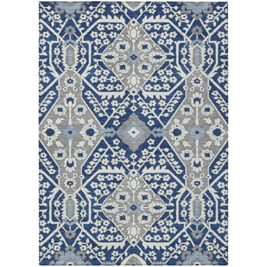 Navy Blue Gray And Ivory Floral Washable Indoor Outdoor Area Rug Photo 2