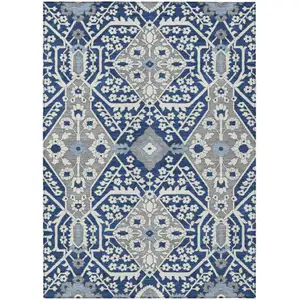 Photo of Navy Blue Gray And Ivory Floral Washable Indoor Outdoor Area Rug