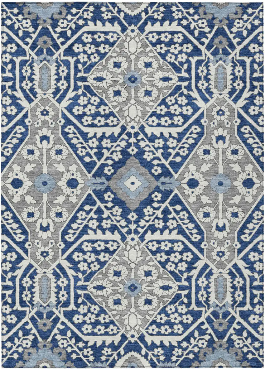 Navy Blue Gray And Ivory Floral Washable Indoor Outdoor Area Rug Photo 2