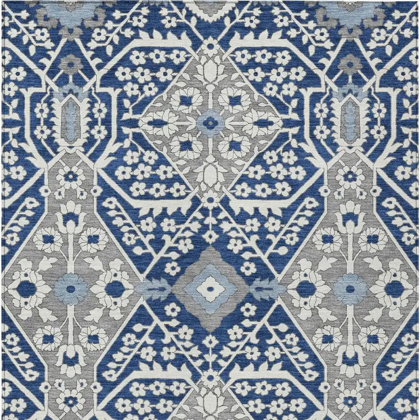 Navy Blue Gray And Ivory Floral Washable Indoor Outdoor Area Rug Photo 8