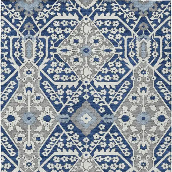 Navy Blue Gray And Ivory Floral Washable Indoor Outdoor Area Rug Photo 8