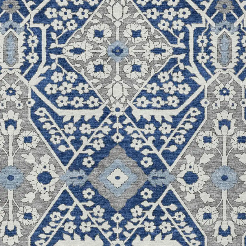 Navy Blue Gray And Ivory Floral Washable Indoor Outdoor Area Rug Photo 6