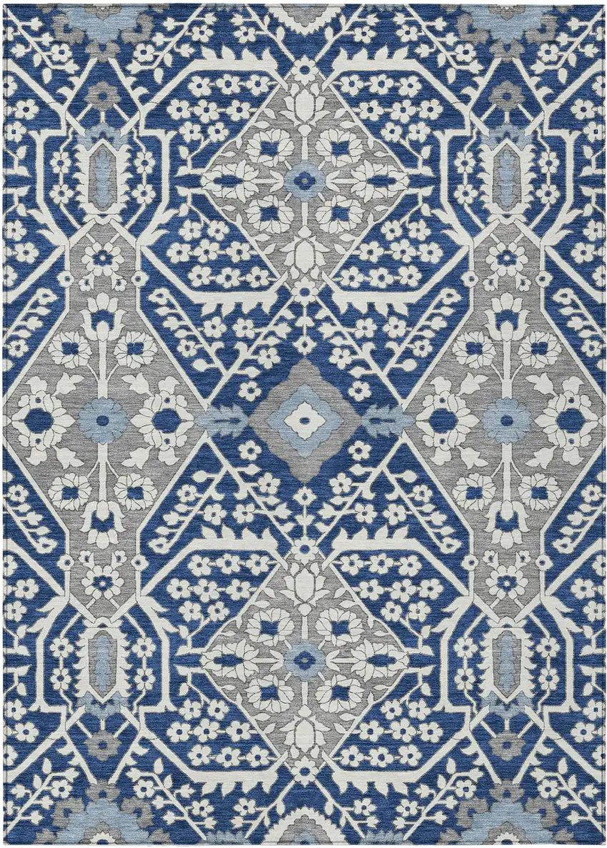 Navy Blue Gray And Ivory Floral Washable Indoor Outdoor Area Rug Photo 2