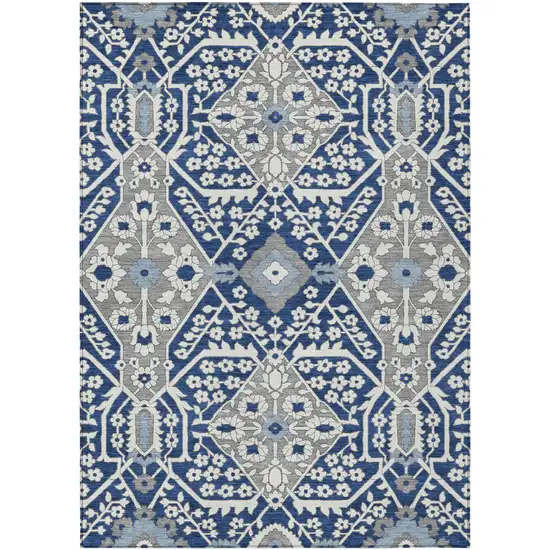 Navy Blue Gray And Ivory Floral Washable Indoor Outdoor Area Rug Photo 2